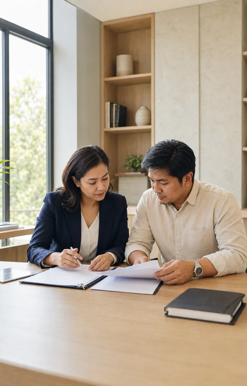 An Allies compliance professional reviewing business documents with a client