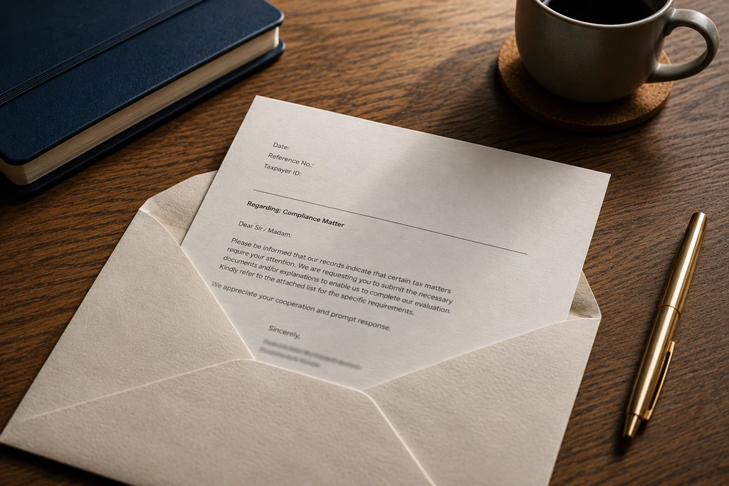 A formal notice partially drawn from its envelope on a wood desk, beside a pen and coffee — the moment an official letter arrives.
